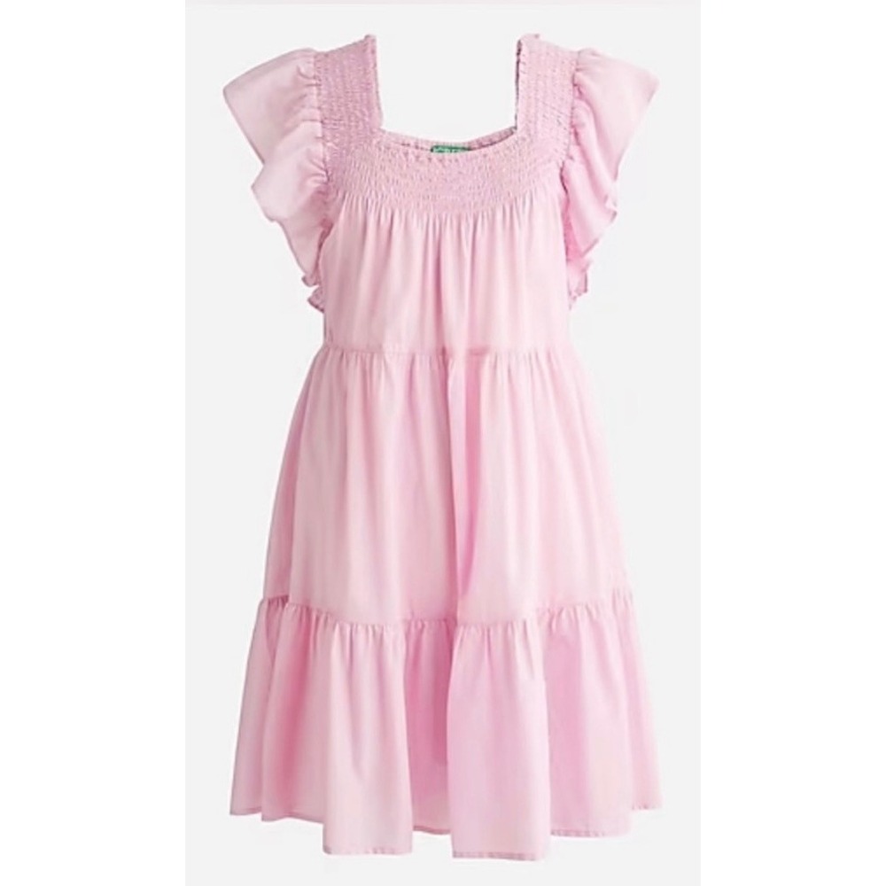 J.Crew Mini Dress Womens Medium Pink Smocked Ruffle Sleeve Tiered Cotton Boho
